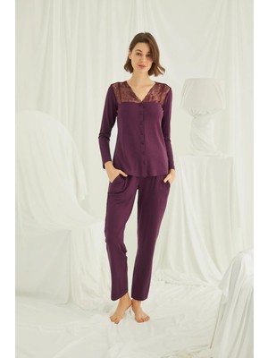 Nightlove Monamise  Kadın Yakası ve Omzu Dantelli Önü Düğmeli Uzun Kollu  Pijama Takımı