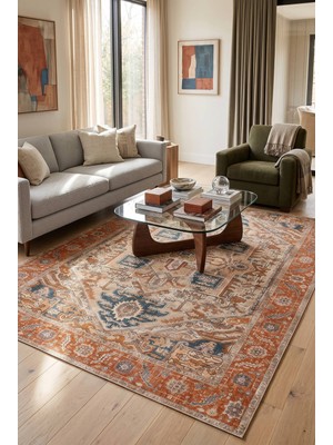 Artloop Istanbul Kiremit Etnik Vintage Desenli Dokuma Tabanlı Şönil Halı Al 647