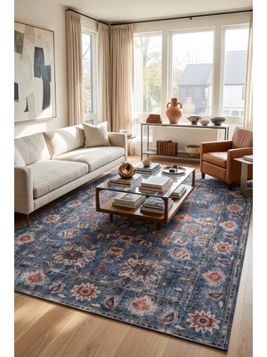Artloop Istanbul Lacivert Vintage Desenli Dokuma Tabanlı Şönil Halı Al 652