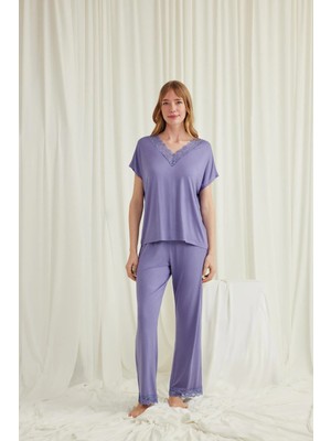 Nightlove Monamise  Kadın Lila  Kısa Kollu Dantelli Pijama Takımı