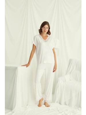 Nightlove Monamise  Kadın Beyaz  Kısa Kollu Dantelli Pijama Takımı