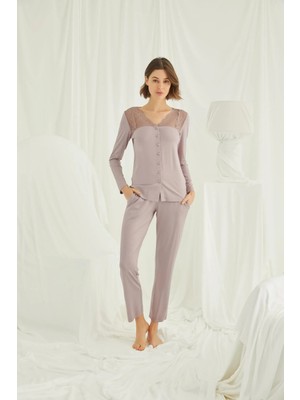 Nightlove Monamise  Kadın Yakası ve Omzu Dantelli Önü Düğmeli Uzun Kollu  Pijama Takımı