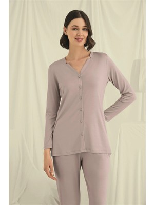 Nightlove Monamiseuzun Kollu Boydan Düğmeli V Yaka Pijama Takımı