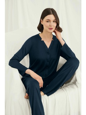 Nightlove Monamiseuzun Kollu Boydan Düğmeli V Yaka Pijama Takımı