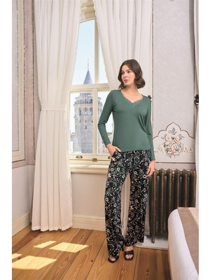 Nightlove Monamise Yaprak Desenli Dantelli V Yaka Pijama Takımı