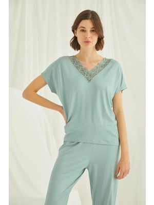 Nightlove Monamise  Kadın Açık Yeşil  Kısa Kollu Dantelli Pijama Takımı