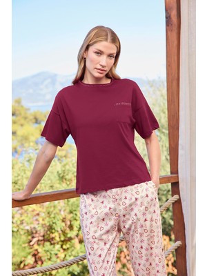 Nightlove Monamise Çiçek ve Yaprak Desenli Kısa Kollu Bisiklet Yaka Pijama Takımı
