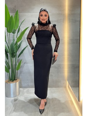 Giyimmasalı Double Kumaş Straplez Dantel Bolero Detaylı Elbise - SİYAH-GYM-2153