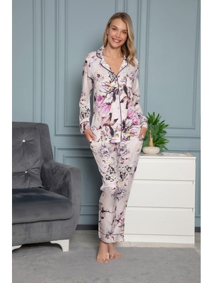 Nightlove Monamise  Kadın Çiçekli  Uzun Kollu Saten Pijama Takımı