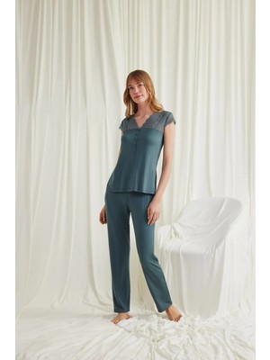 Nightlove Monamise  Kadın Yeşil  Kısa Kollu Dantelli Pijama Takımı