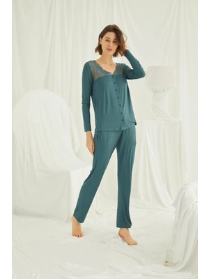 Nightlove Monamise  Kadın Yakası ve Omzu Dantelli Önü Düğmeli Uzun Kollu  Pijama Takımı