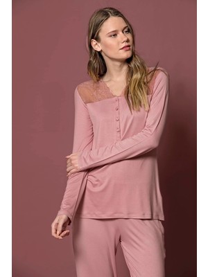 Nightlove Monamise Yakası Kolu ve Omzu Dantelli Önü Düğmeli Pijama Takımı