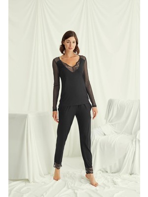 Nightlove Monamise  Kadın Siyah Transparan Pijama Takımı