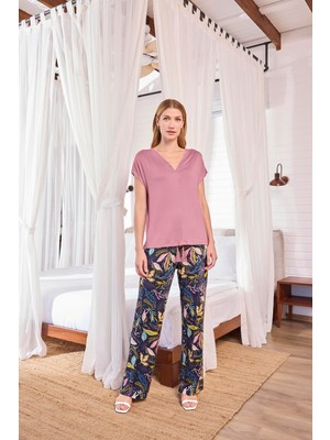 Nightlove Monamise Yaprak Desenli Kısa Kollu V Yaka Pijama Takımı