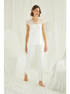 Nightlove Monamise  Kadın Beyaz  Kısa Kollu Dantelli Pijama Takımı