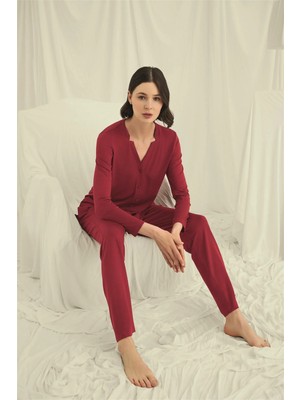 Nightlove Monamiseuzun Kollu Boydan Düğmeli V Yaka Pijama Takımı