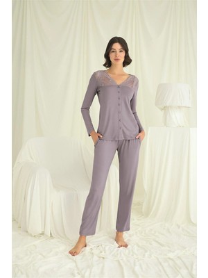 Nightlove Monamise  Kadın Lila Dantelli Pijama Takımı