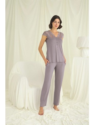 Nightlove Monamise  Kadın Gri  Kısa Kollu Dantelli Pijama Takımı