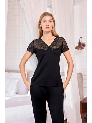 Nightlove Monamise  Kısa Kollu ve Dantelli V Yaka Pijama Takımı