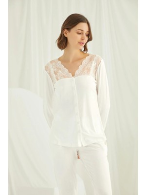 Nightlove Monamise  Kadın Beyaz Dantelli Pijama Takımı