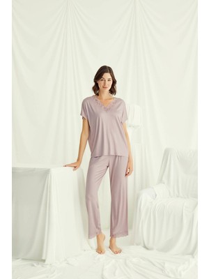 Nightlove Monamise  Kadın Vizon  Kısa Kollu Dantelli Pijama Takımı