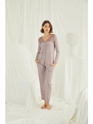 Nightlove Monamise  Kadın Vizon Dantelli Pijama Takımı