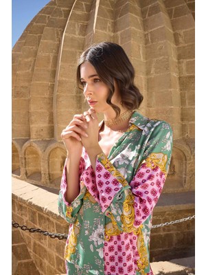 Nightlove Monamise Çiçek ve Yaprak Desenli Düğmeli Gömlek Yakalı Pijama Takımı