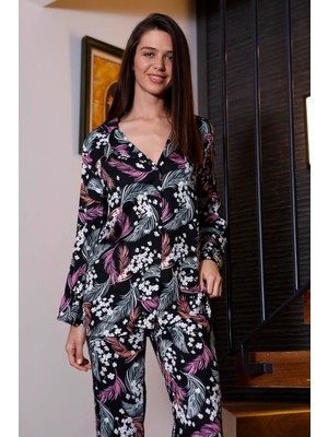 Nightlove Monamise Çiçek ve Yaprak Desenli Düğmeli Gömlek Yakalı Pijama Takımı