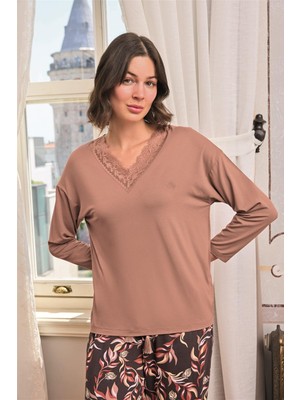Nightlove Monamise Yaprak Desenli Dantelli V Yaka Büyük Beden Pijama Takımı