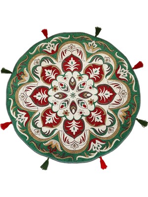 Rugs Modern Halı Suzani Yeşil Etnik Desenli Saçaklı Halı 100 x 100 cm Yıkanabilir Yuvarlak Tabanlı