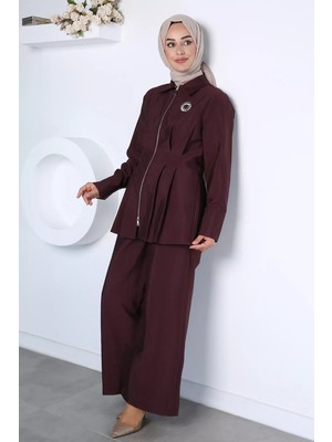 Julude Bel Lastikli Pantolon Broş Detaylı Tunik Tesettür Ikili Takım P-00023043