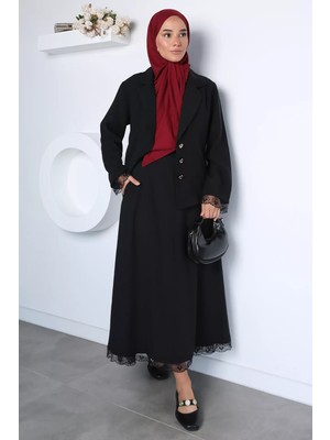 Julude Kadın Dantel Işlemeli Bel Lastikli Etek Ceket Modern Ikili Takım P-00023035