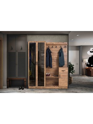 Moderniya Mobilya Flora Ceviz İki Kapılı Portmanto Ayakkabılık 151 cm Genişlik 182 cm Yükseklik