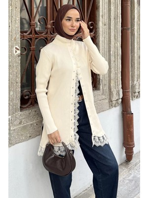 Julude Gülseli Dantelli Tesettür Triko Hırka P-00023198