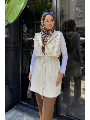 Julude Gülseli Kadın Kapüşonlu Pul Payetli Tesettür Triko Yelek P-00023161
