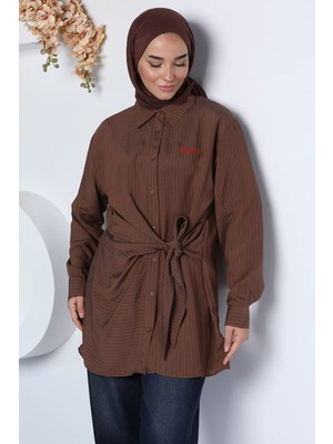 Julude Modern Kruvaze Bağlamalı Çizgi Desenli Tesettür Gömlek P-00023026