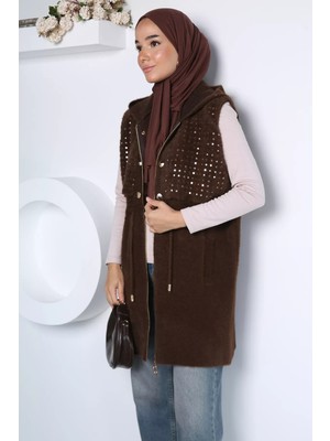 Julude Gülseli Kadın Kapüşonlu Pul Payetli Tesettür Triko Yelek P-00023161