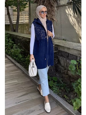 Julude Gülseli Kadın Kapüşonlu Pul Payetli Tesettür Triko Yelek P-00023161
