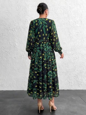 Mass Fashion Kadın Çiçek Desenli Püsküllü Uzun Elbise