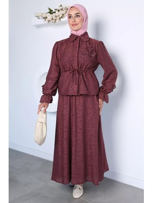 Julude Gülseli Gül Figürlü Bağlama Detaylı Gömlek Bel Lastikli Etek Tesettür Ikili Takım P-00022997