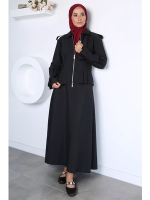 Julude Zamansız Stil Bel Lastikli Etek Ön Fermuarlı Ceket Tesettür Ikili Takım P-00023037