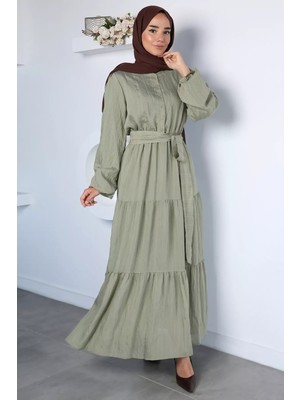 Julude Bel ve Bilek Lastikli Kuşak Detaylı Ön Düğmeli Tesettür Elbise P-00022965