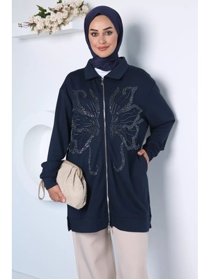Julude Taş Işlemeli Fermuarlı Gömlek Yaka Tesettür Ceket P-00022994