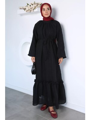Julude Kendinden Desenli Bel Bağlamalı Tesettür Elbise P-00022956