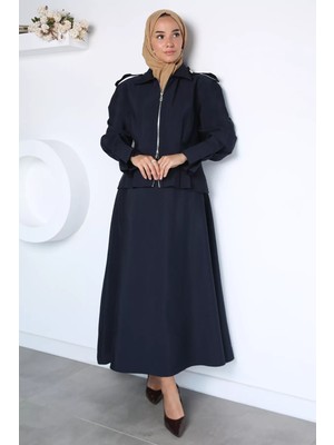 Julude Zamansız Stil Bel Lastikli Etek Ön Fermuarlı Ceket Tesettür Ikili Takım P-00023037
