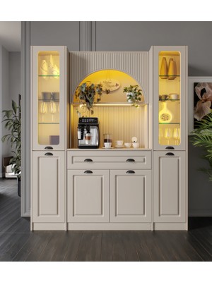 GuneyStore Siena Maxi 170 cm Komple Mdf Cam Vitrinli Kahve Köşesi - Kum Beji