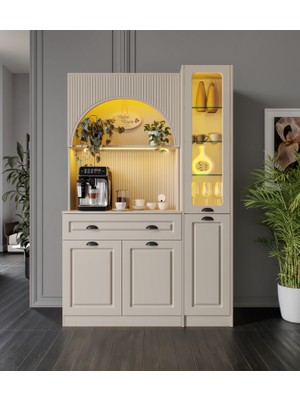 GuneyStore Siena Kum Beji Midi Sağ Vitrinli 130 cm Komple Mdf LED Aydınlatmalı Kahve Köşesi