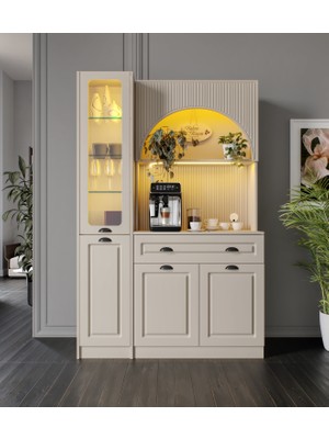 GuneyStore Siena Kum Beji Midi Sol Vitrinli 130 cm Komple Mdf LED Aydınlatmalı Kahve Köşesi