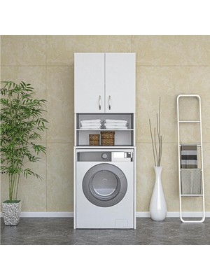 Buzkan Mobilya %100 MDF Kapaklı Banyo ve Çamaşır Makinesi Dolabı 180 cm Beyaz 2 Raflı