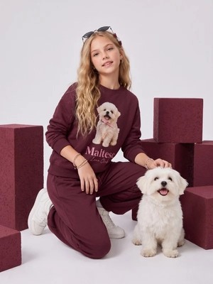 Zekids Kız Çocuk Pamuklu Köpek Baskılı Oversize Tasarım Sweatshirt